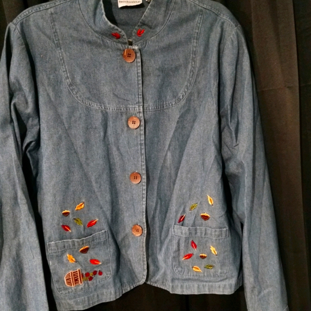 Cute autumn denim embroidered button up